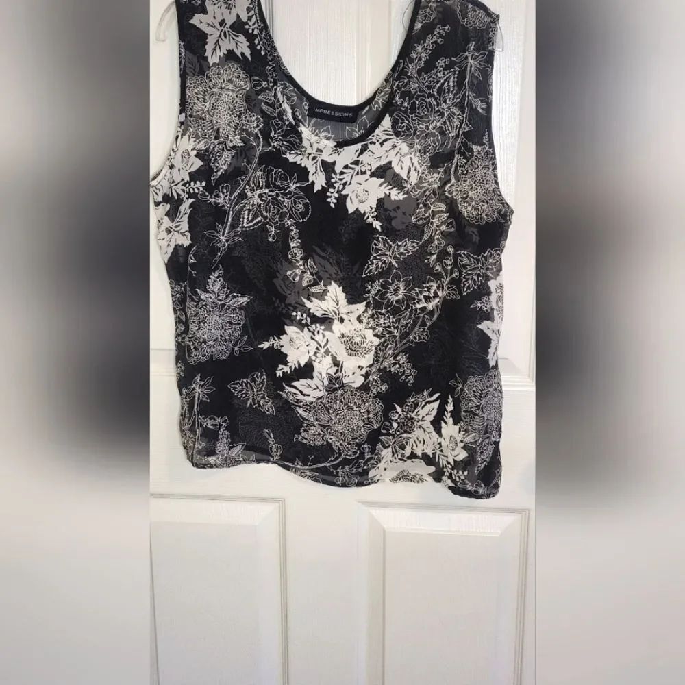 Impressions XL Black White Sheer Floral Print Women's Tank